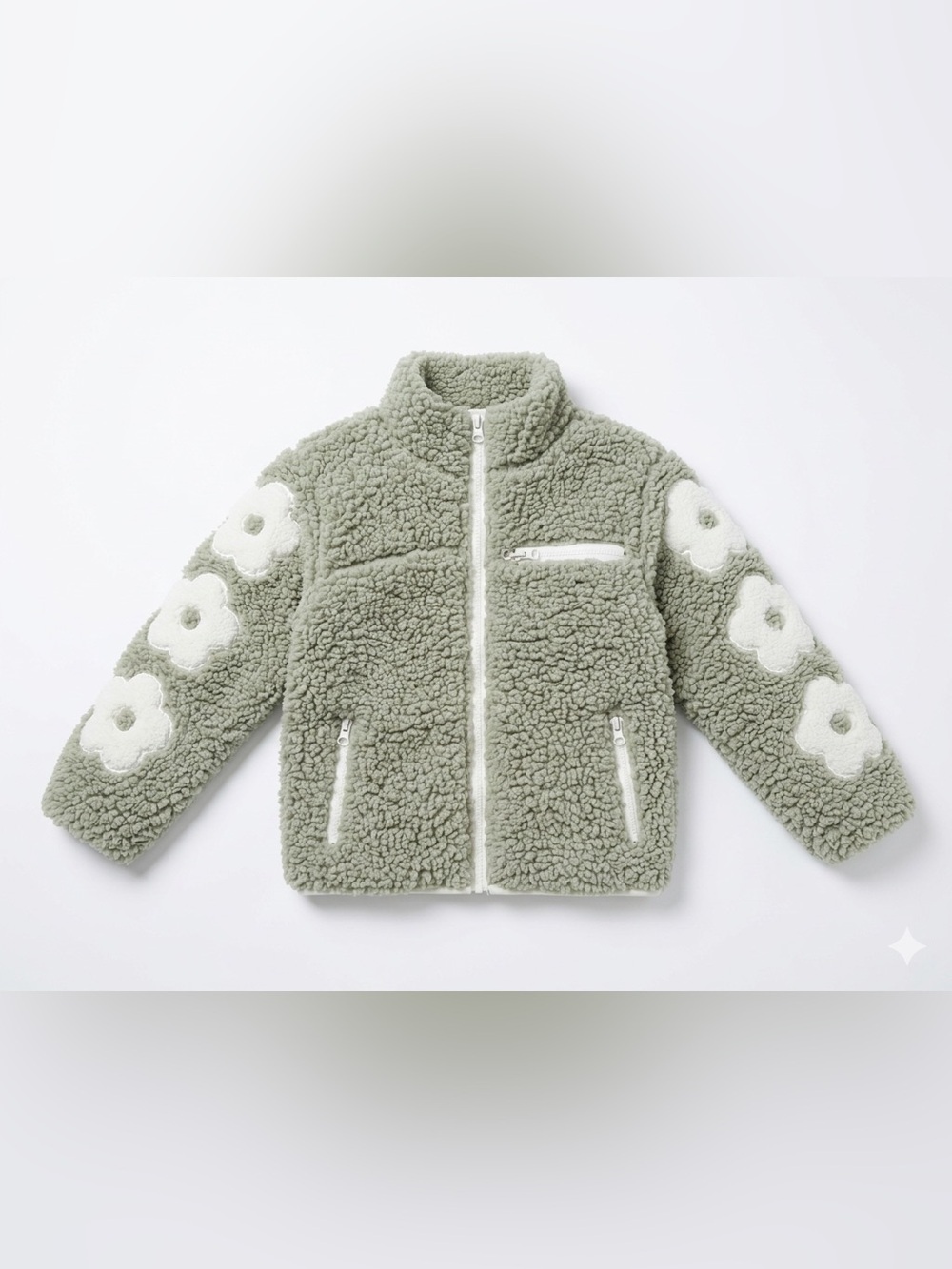 Birch & Stone Sage Green Sherpa Jacket Floral Sleeve Details 3T EUC
